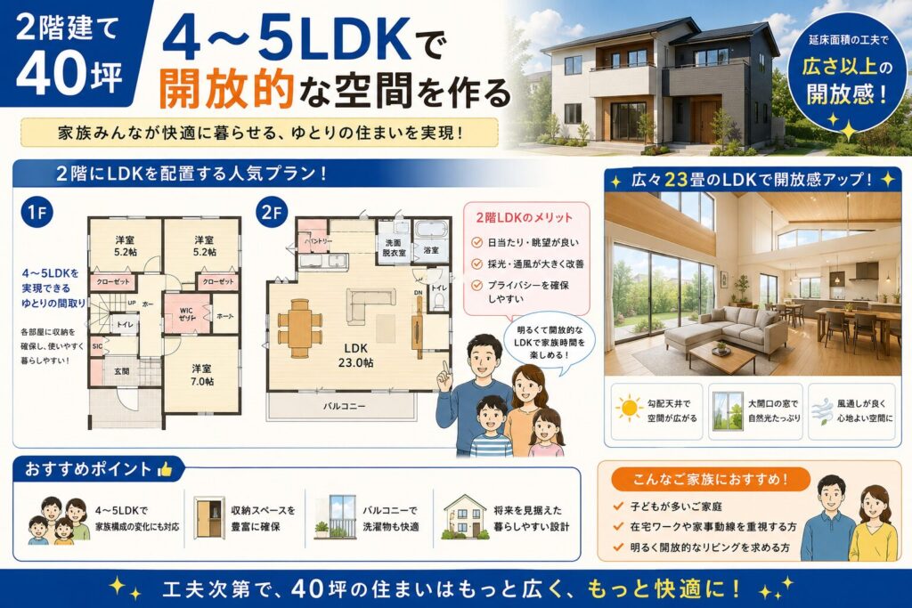 Two-story home, 40 tsubo: Creating an open, spacious layout with 4–5 bedrooms plus living, dining, and kitchen areas.