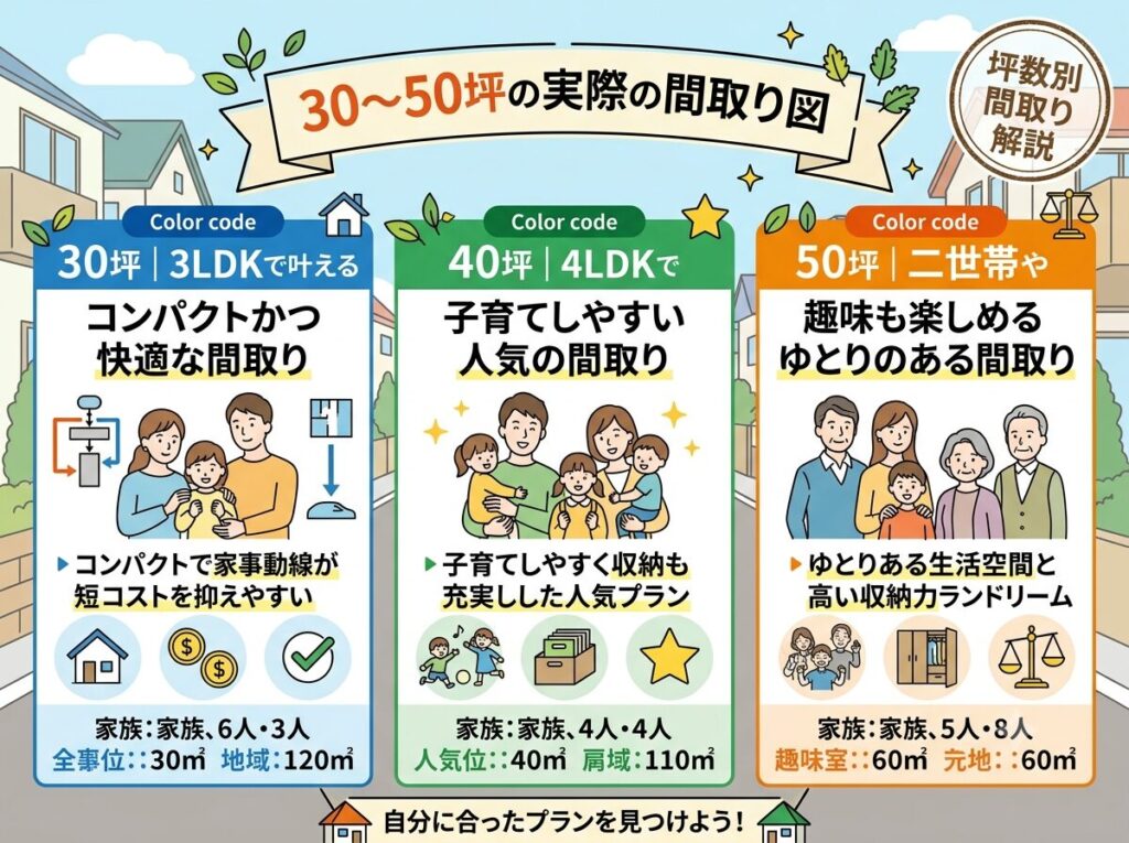 Actual floor plans for 30–50 tsubo homes