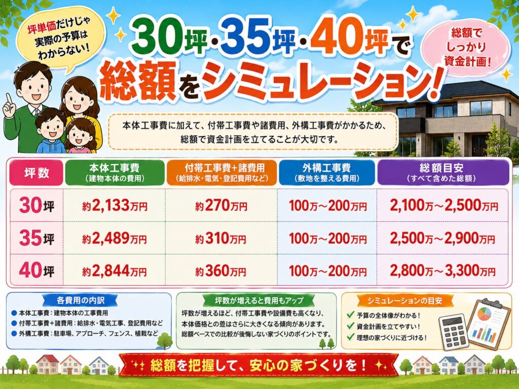 Total Cost Simulation for 30, 35, and 40 Tsubo Sizes