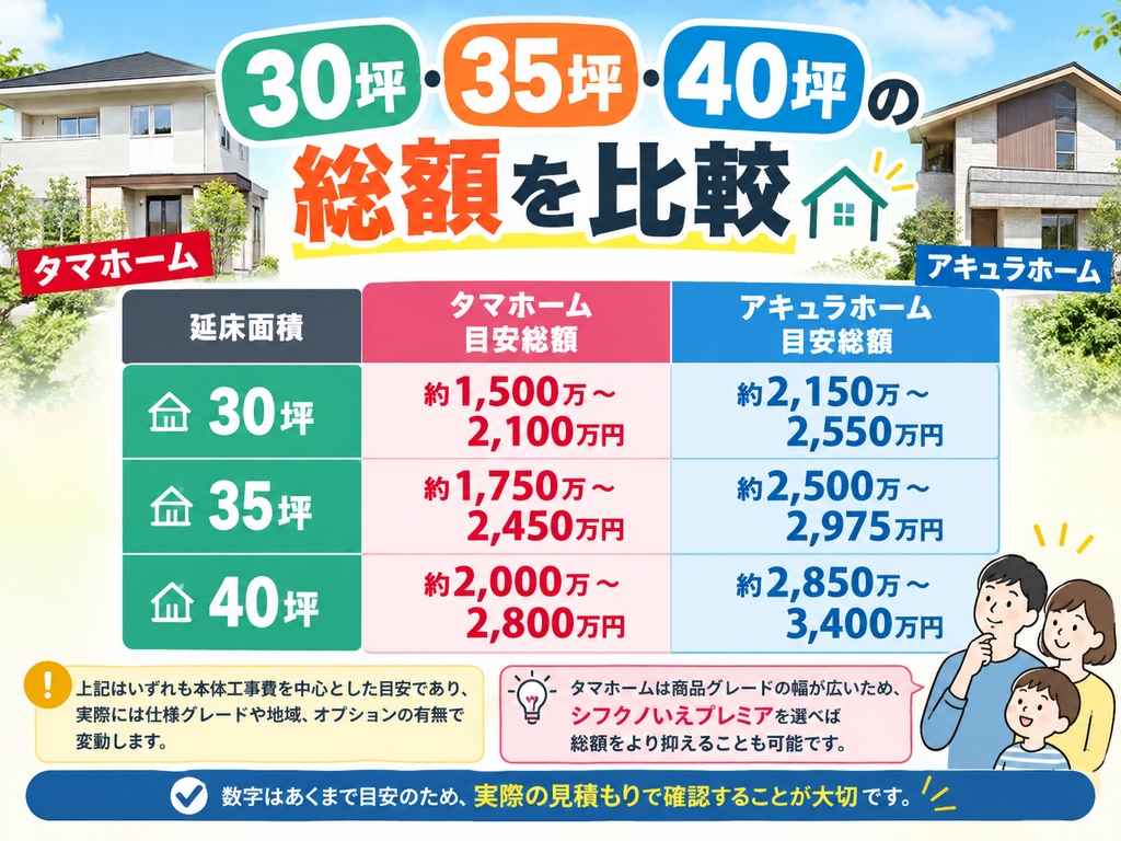 Comparing total costs for 30, 35, and 40-tsubo sizes.