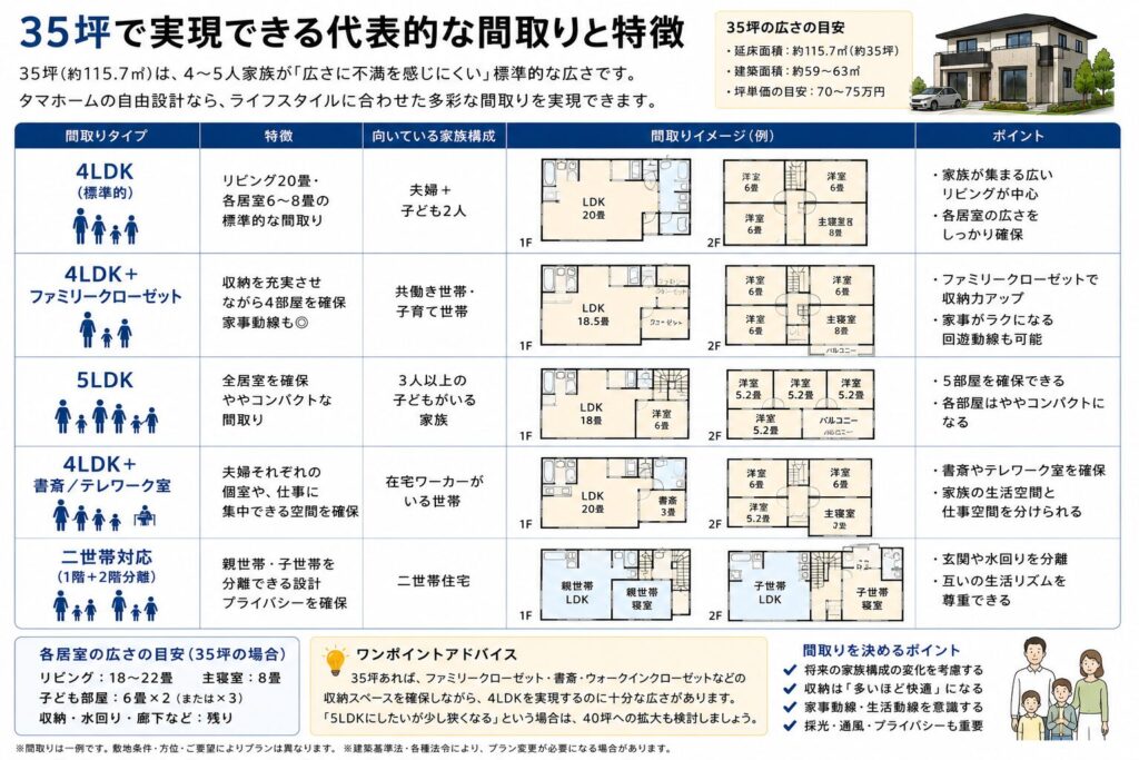 Typical floor plans and features that can be achieved in a 35-tsubo (approx. 116 sq m) space.
