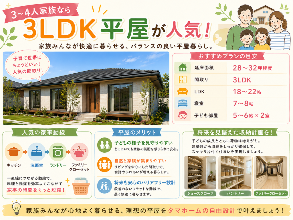 A single-story 3LDK home is popular among families of three or four.