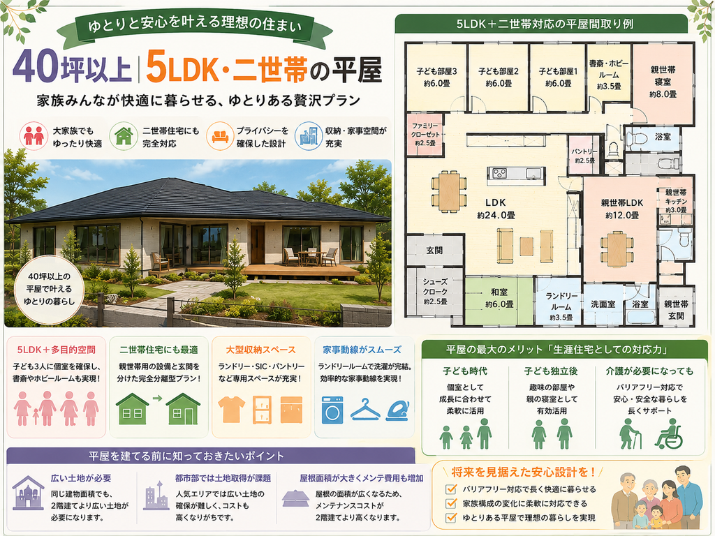 Over 40 tsubo | 5LDK Single-Story Home for Two Generations