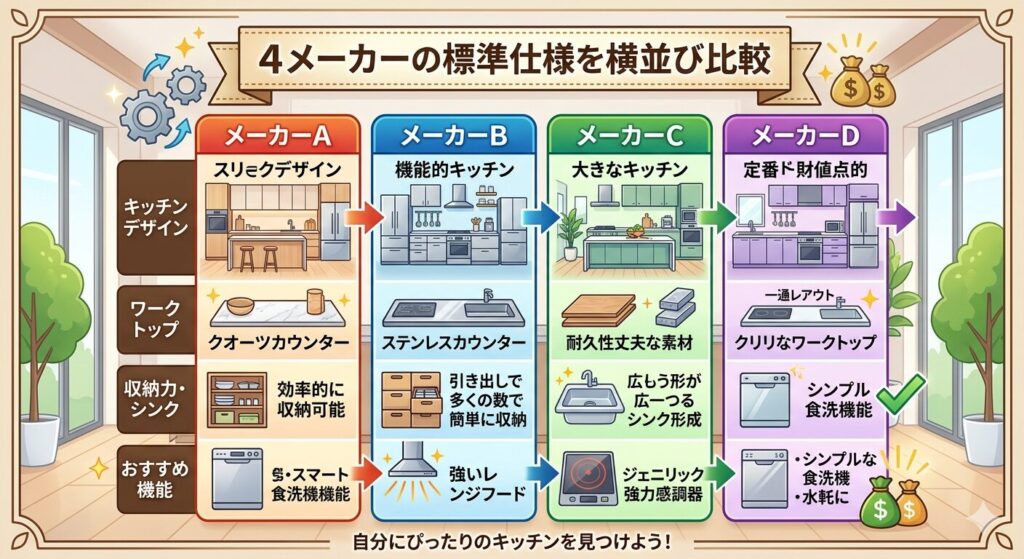 A side-by-side comparison of standard specifications from four manufacturers.