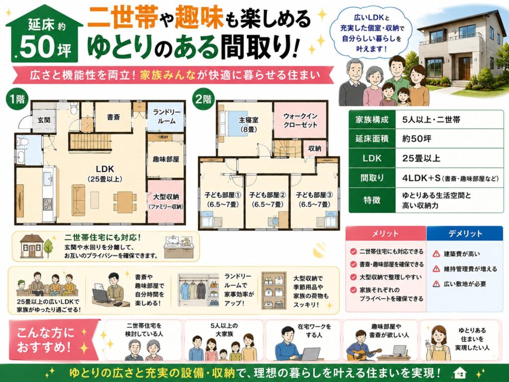 50 Tsubo | A spacious layout accommodating two households and space for hobbies.