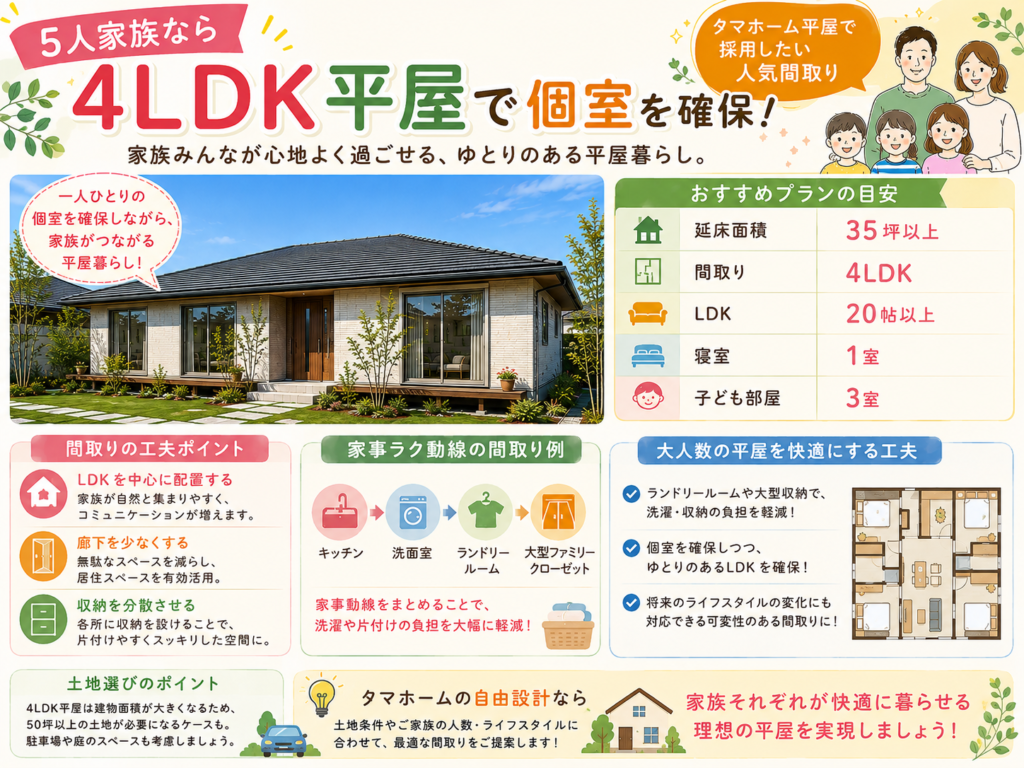 For a family of five, secure private rooms in a single-story 4LDK home.