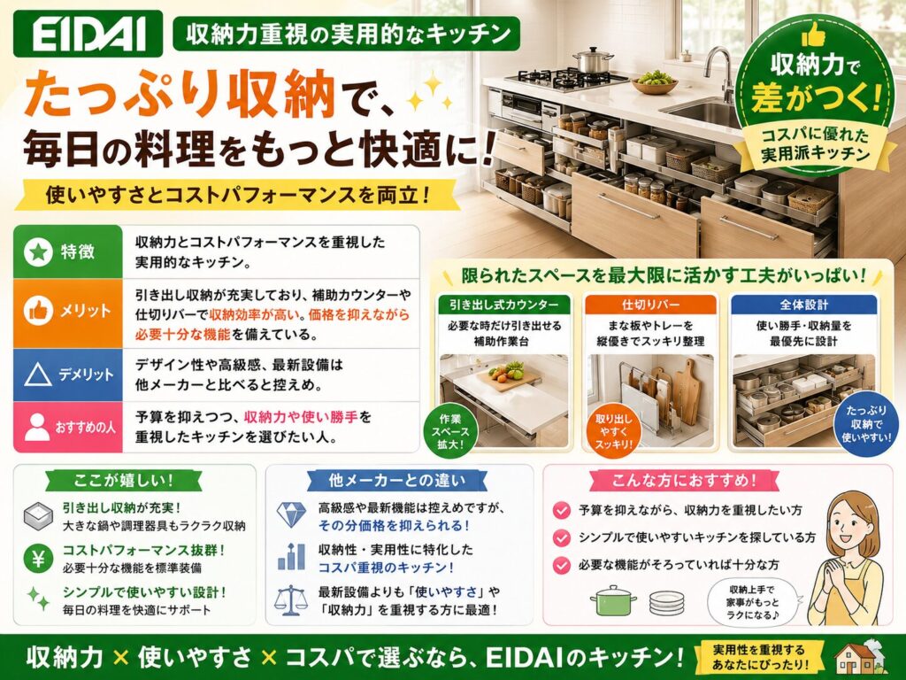 EIDAI: A practical kitchen prioritizing storage capacity.