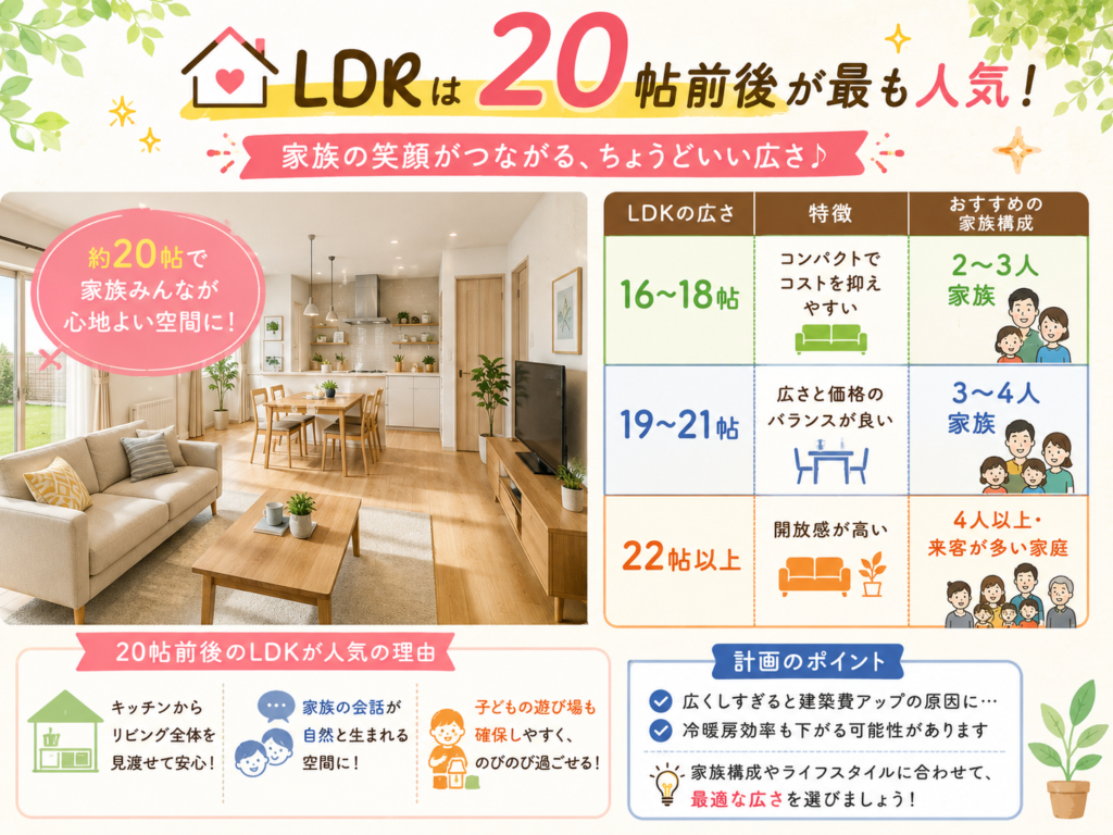 The most popular size for an LDK (living room, dining room, and kitchen) is around 20 tatami mats (approximately 33 square meters).