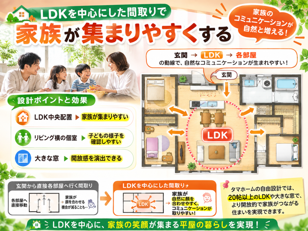 Create a layout centered around the living, dining, and kitchen area to make it easy for the family to gather.