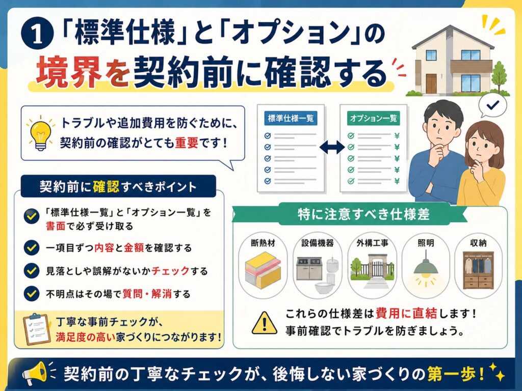 ① Confirm the boundary between "standard specifications" and "options" before signing the contract.