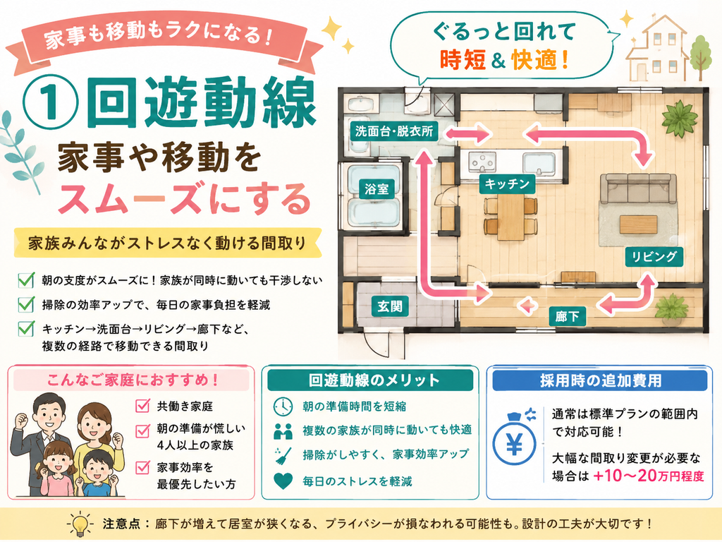 ① Circular Flow | Facilitates smooth movement and housework.