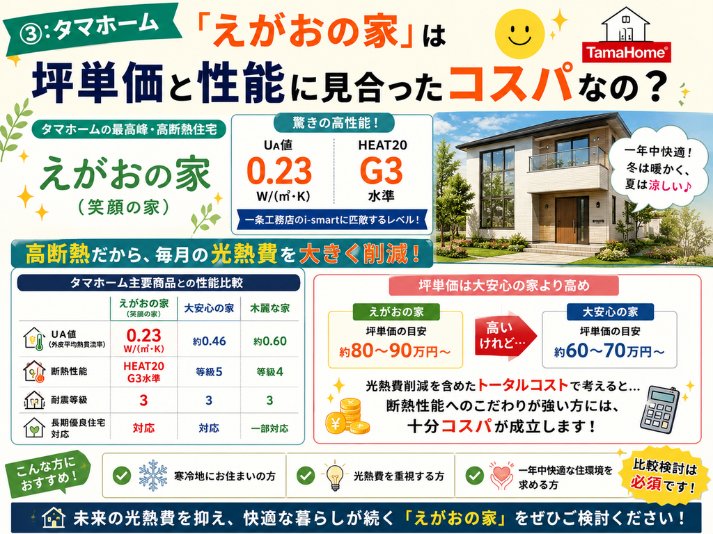 ③: Does Tamahome’s "Egao no Ie" offer good value for money considering its price per tsubo and performance?