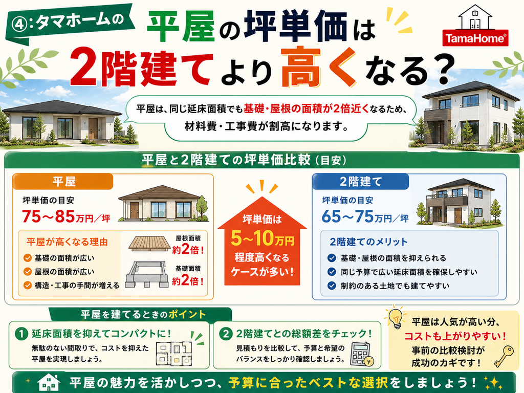 ④: What is the price per tsubo for a Tama Home single-story house, and is it more expensive than a two-story house?