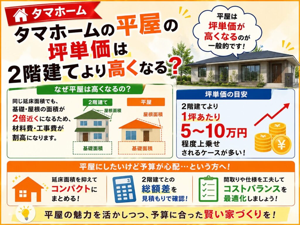 ④: What is the price per tsubo for a Tama Home single-story house, and is it more expensive than a two-story house?