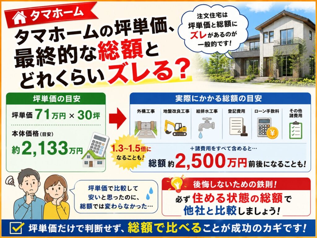 ⑤: How much does the final total cost differ from Tama Home's price per tsubo?