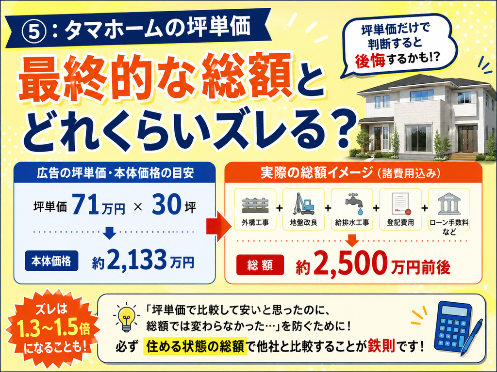 ⑤: How much does the final total cost differ from Tama Home's price per tsubo?
