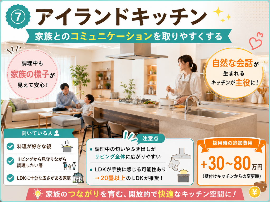 ⑦ Island Kitchen | Makes it easier to communicate with the family.