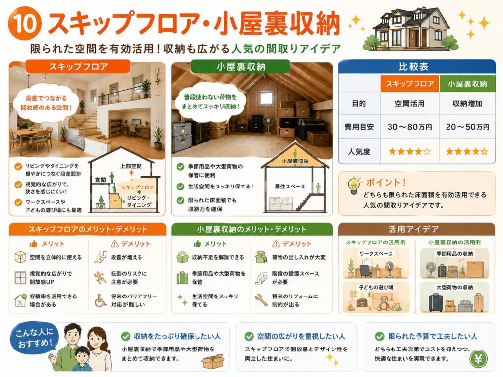⑩ Split-level floor / Attic storage