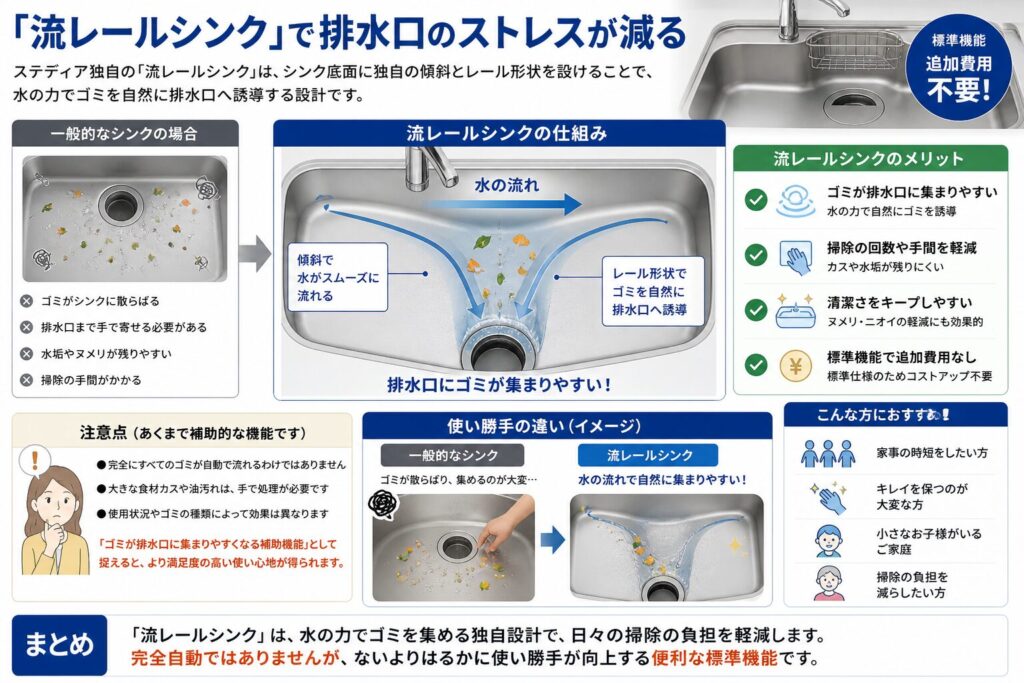 The "Flow Rail Sink" reduces drainage stress.