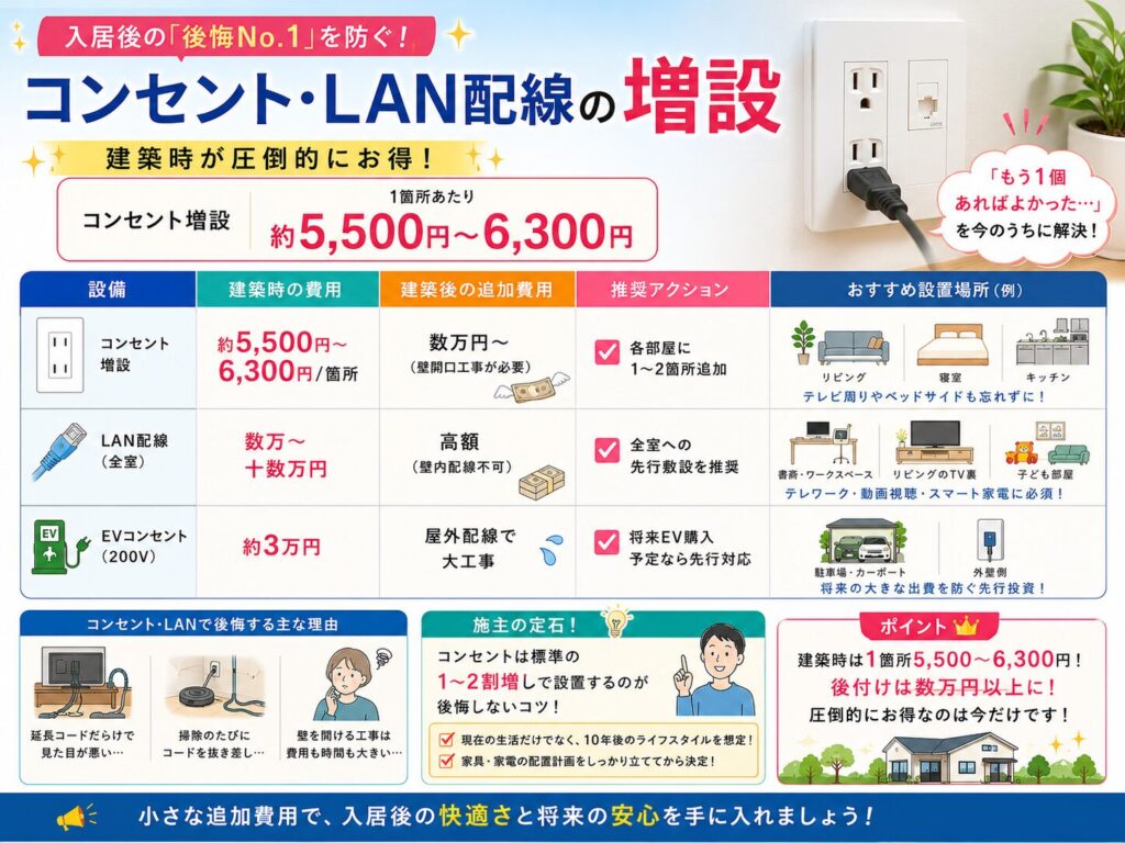 Installation of additional power outlets and LAN wiring (approx. ¥5,500–¥6,300 per location)
