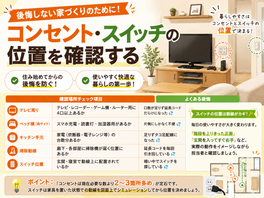 Check the locations of the outlets and switches.