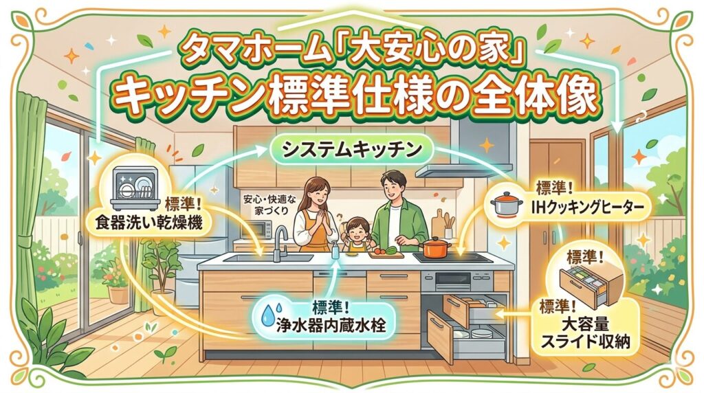 Overall view of the standard kitchen specifications for Tama Home's "House of Great Peace of Mind"