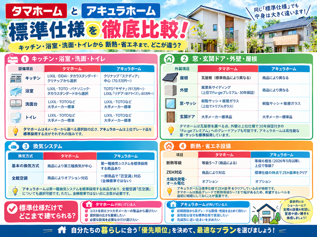 Comparing the standard specifications of Tamahome and Aqura Home.