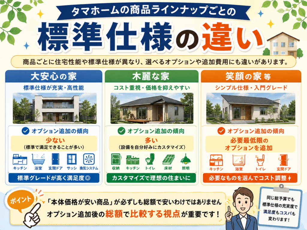 Differences in standard specifications across Tamahome's product lineup