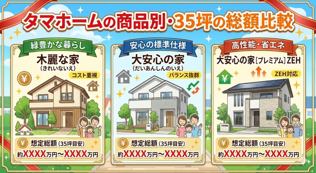 Comparison of total costs for different Tama Home products, categorized by size (35 tsubo).
