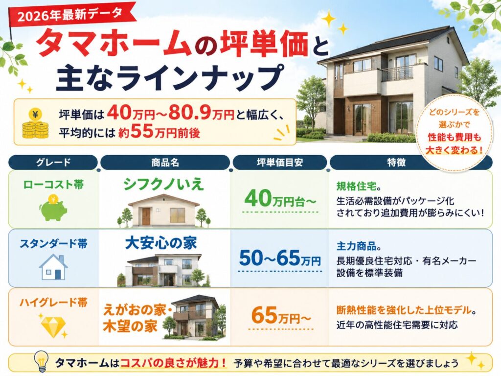 Tama Home's price per tsubo (unit area) and main product lineup