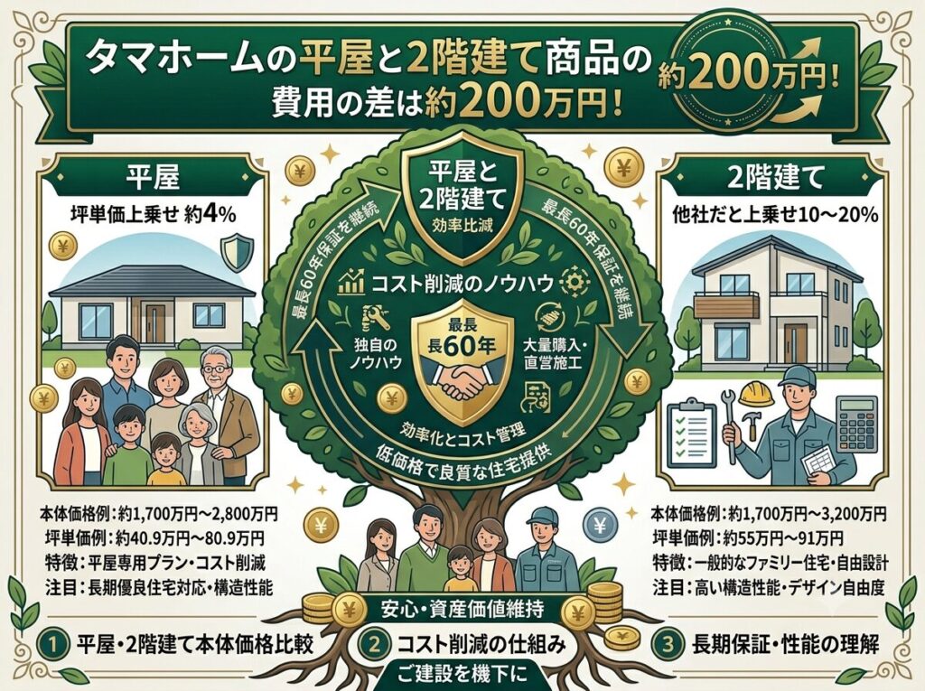 The cost difference between Tamahome's single-story and two-story home models is approximately 2 million yen!