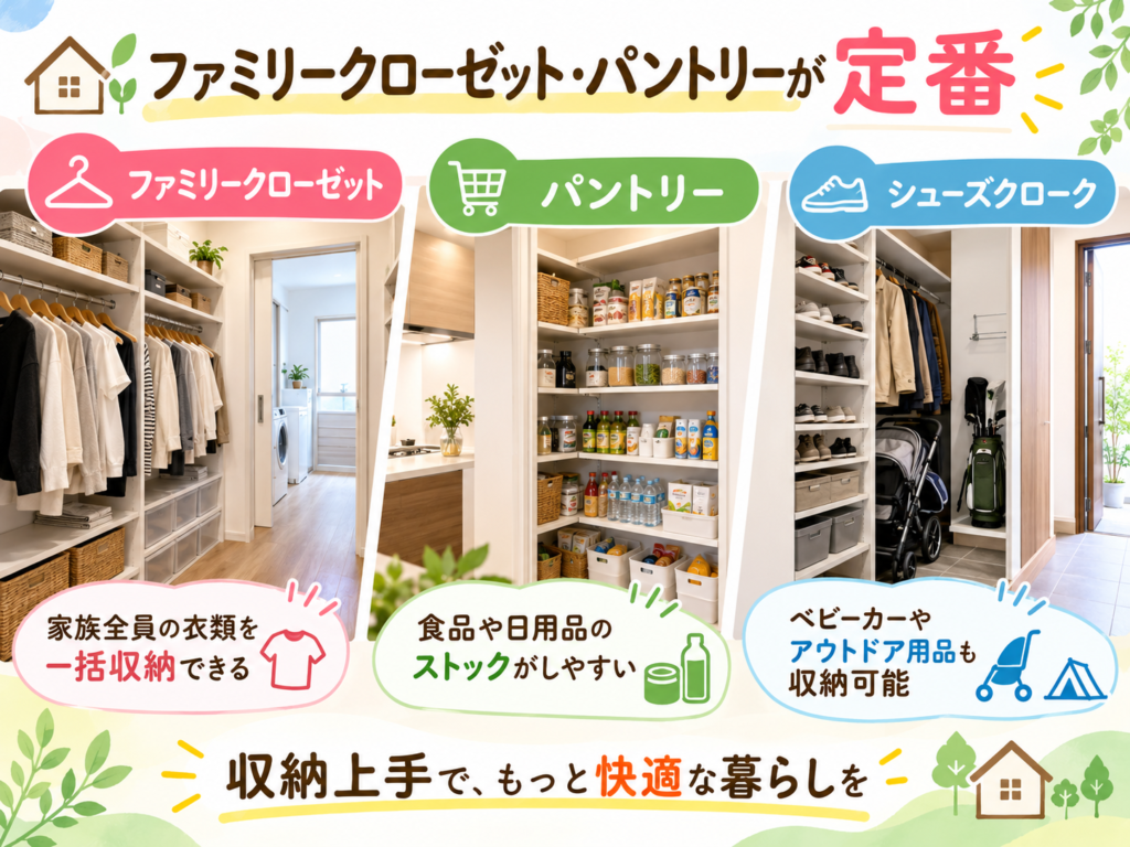 Family closets and pantries have become standard features.