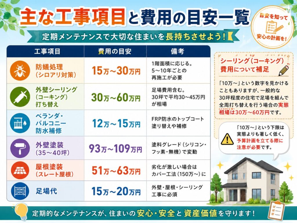 List of main construction items and estimated costs