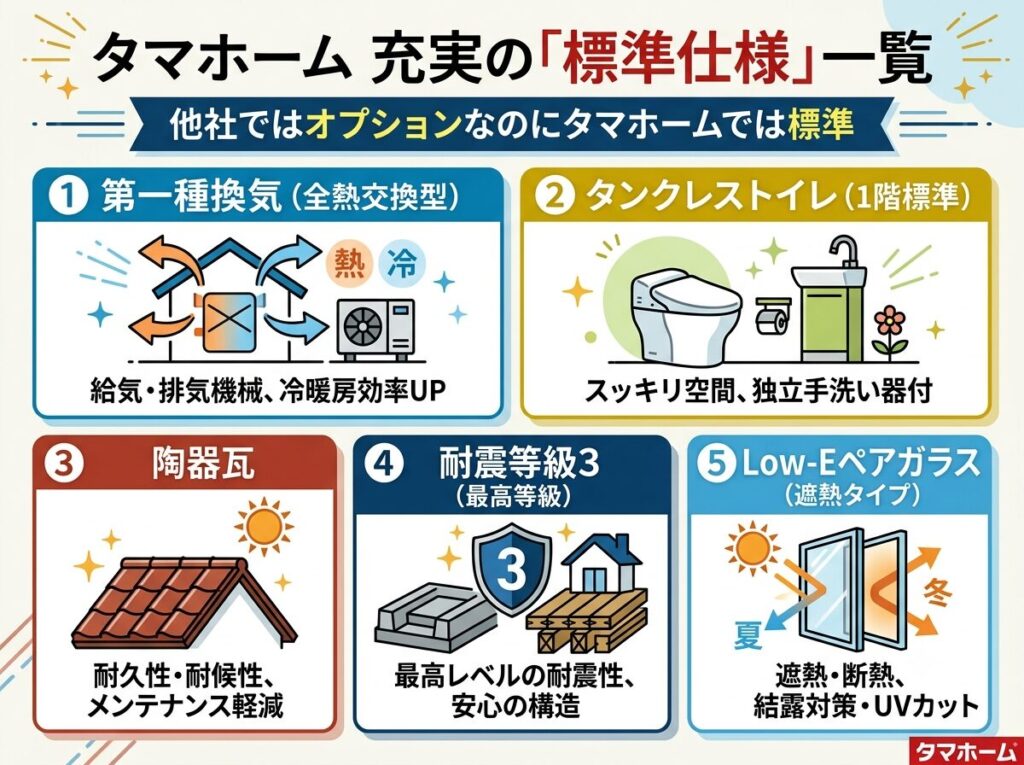 List of features that are standard at Tama Home but optional at other companies