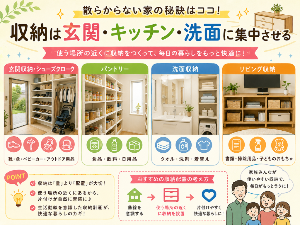 Concentrate storage in the entryway, kitchen, and washroom.