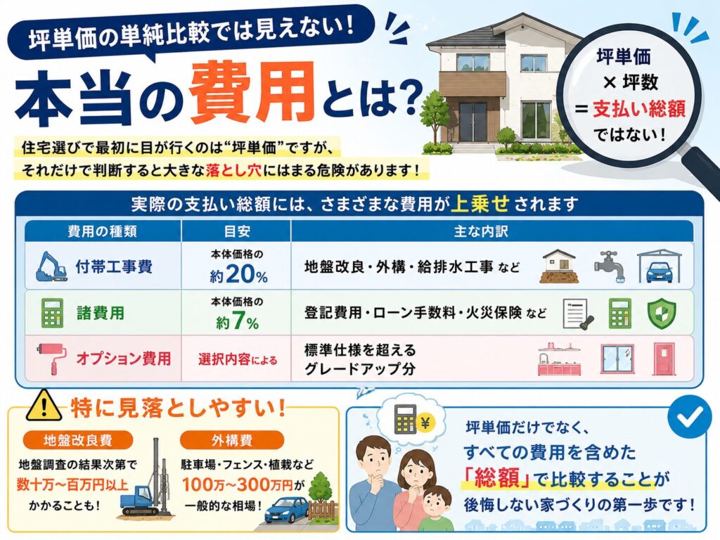 The "real cost" that cannot be seen by a simple comparison of price per square meter.