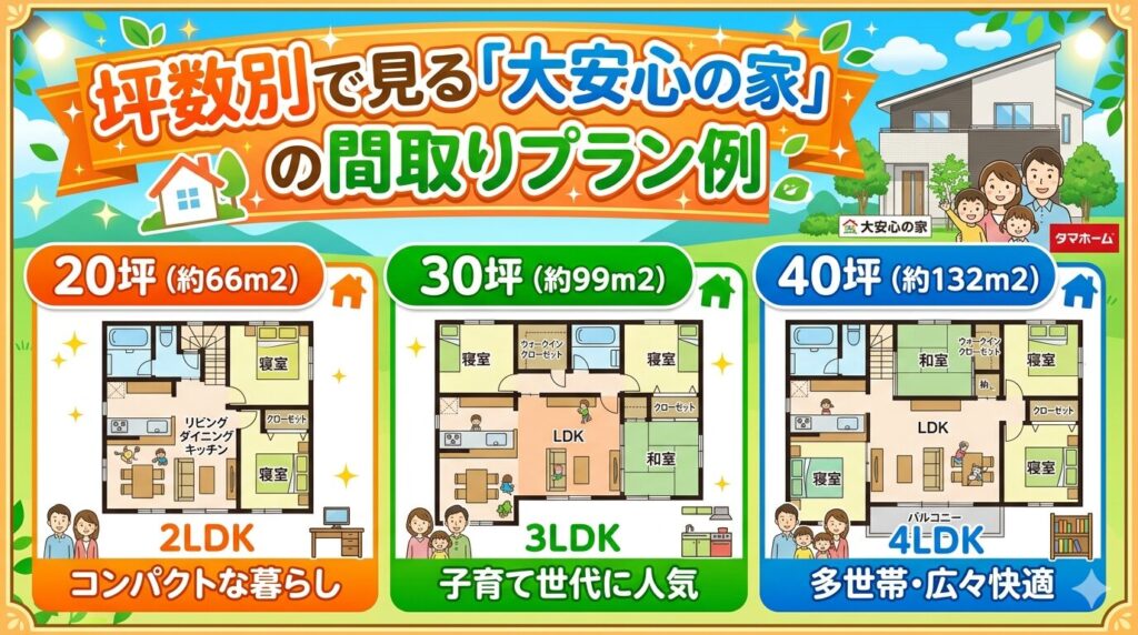 Floor plan examples of "Dai Anshin no Ie" (House of Great Peace of Mind) by square footage.