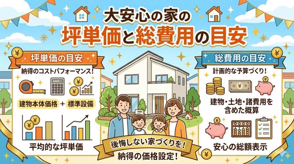 Estimated cost per tsubo (unit area) and total cost for a "Great Peace of Mind" home.