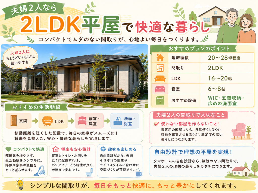 A comfortable life for a couple in a single-story 2LDK home.