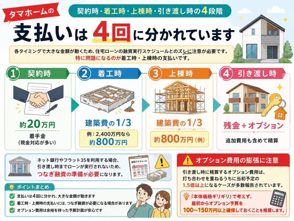 There are four stages: contract signing, commencement of construction, completion of the framework, and handover.