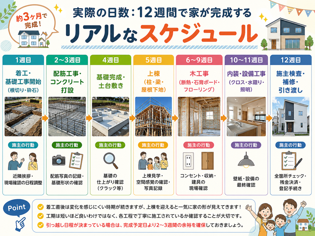 Actual Duration: A realistic schedule for completing a house in 12 weeks.