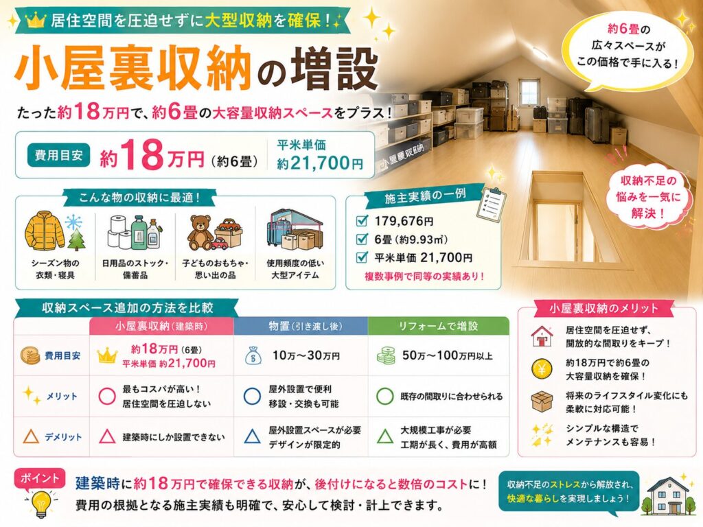 Addition of attic storage (approx. 180,000 yen; approx. 6 tatami mats in size)