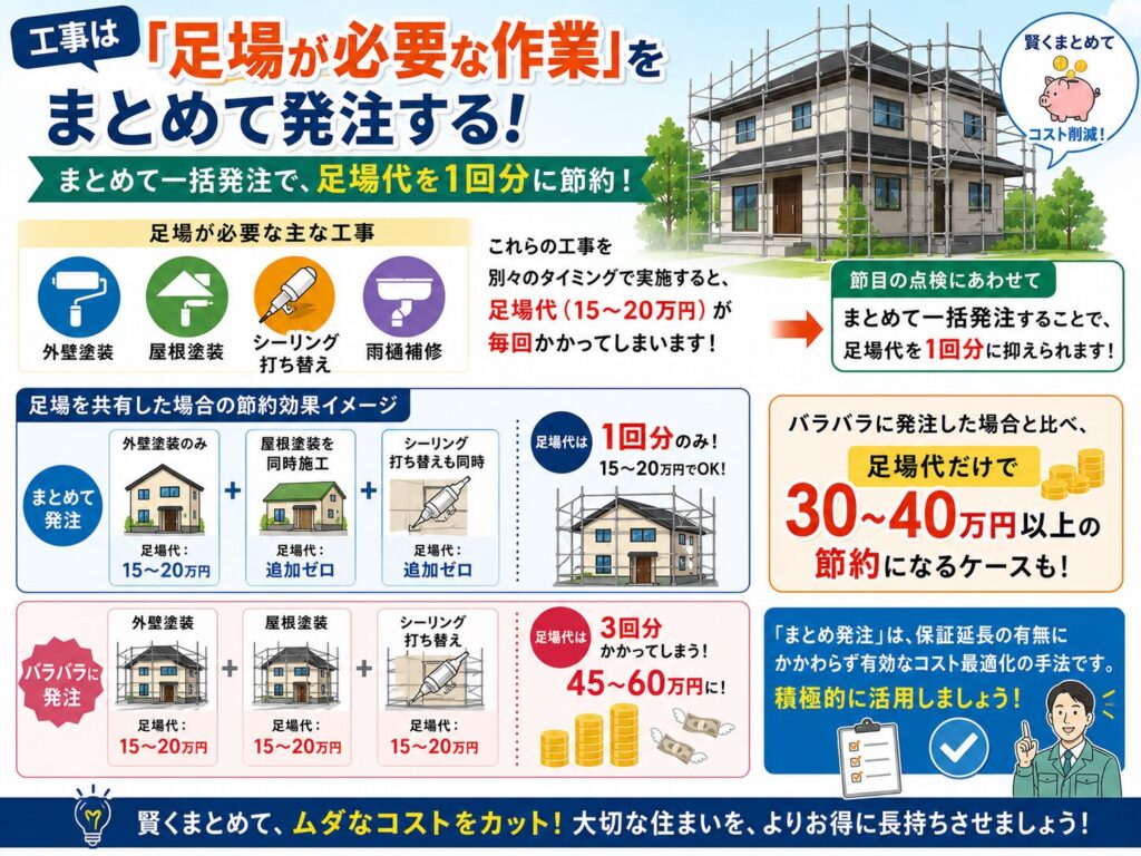 The construction work is ordered as a package, consolidating all tasks that require scaffolding.