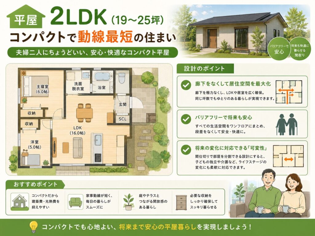 Single-story 2LDK (19–25 tsubo): A compact home with an optimized, efficient layout.