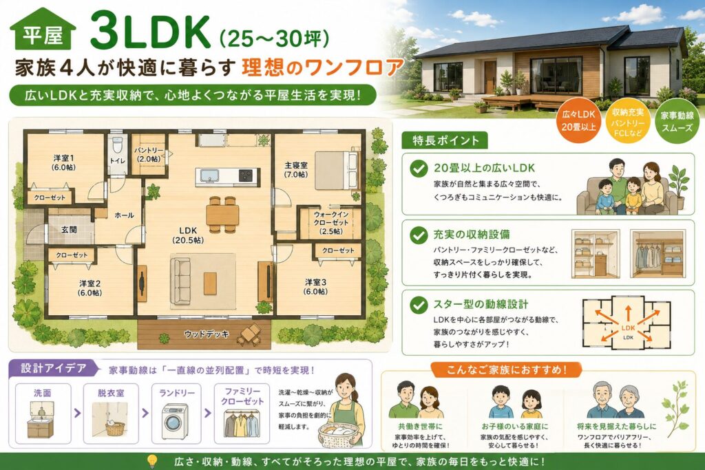 Single-Story 3LDK (25–30 Tsubo): An Ideal Single-Level Home for a Family of Four to Live Comfortably
