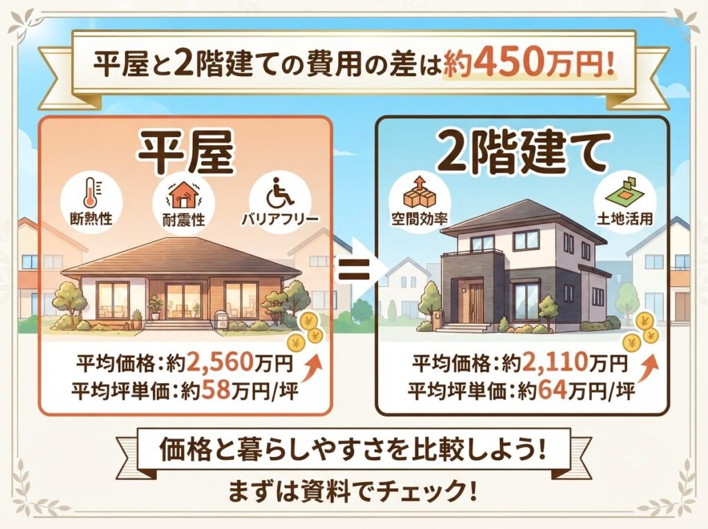 The cost difference between a single-story house and a two-story house is approximately 4.5 million yen!