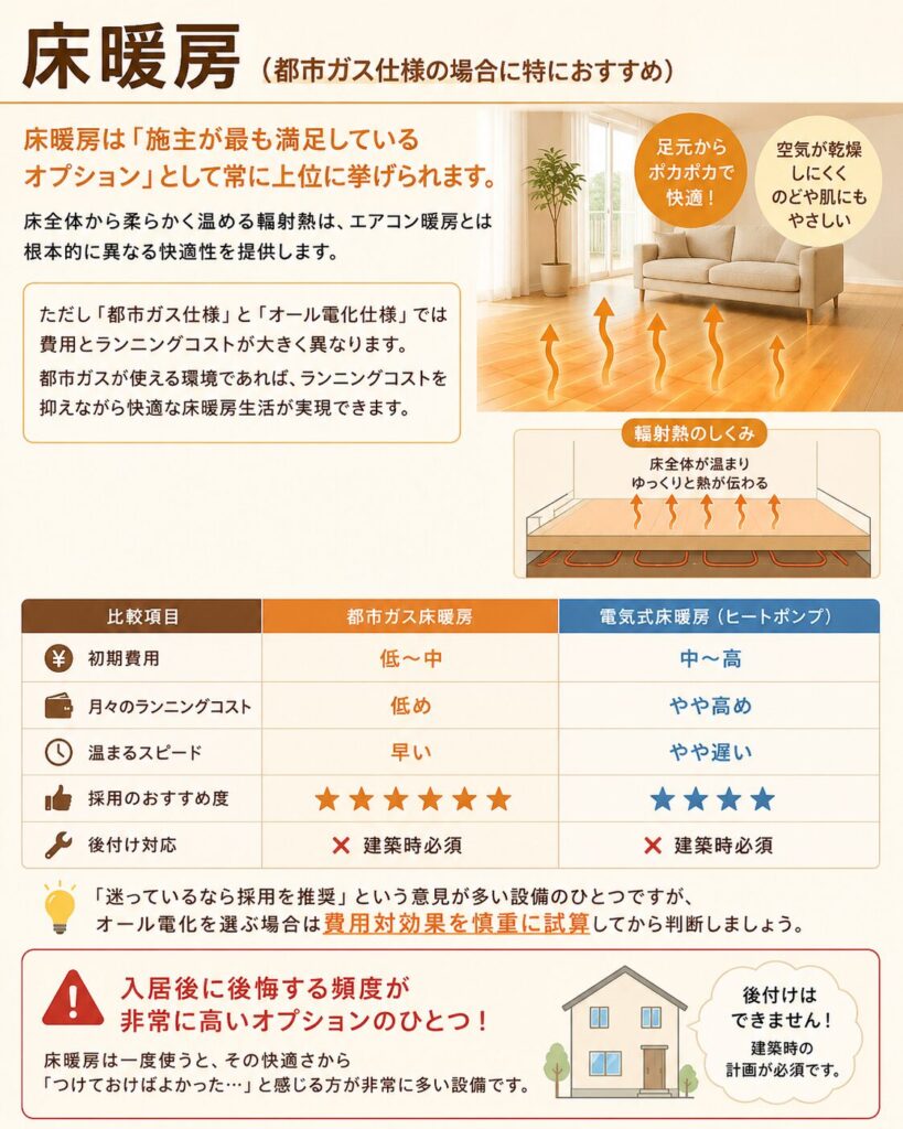Underfloor heating (especially recommended for those using city gas)