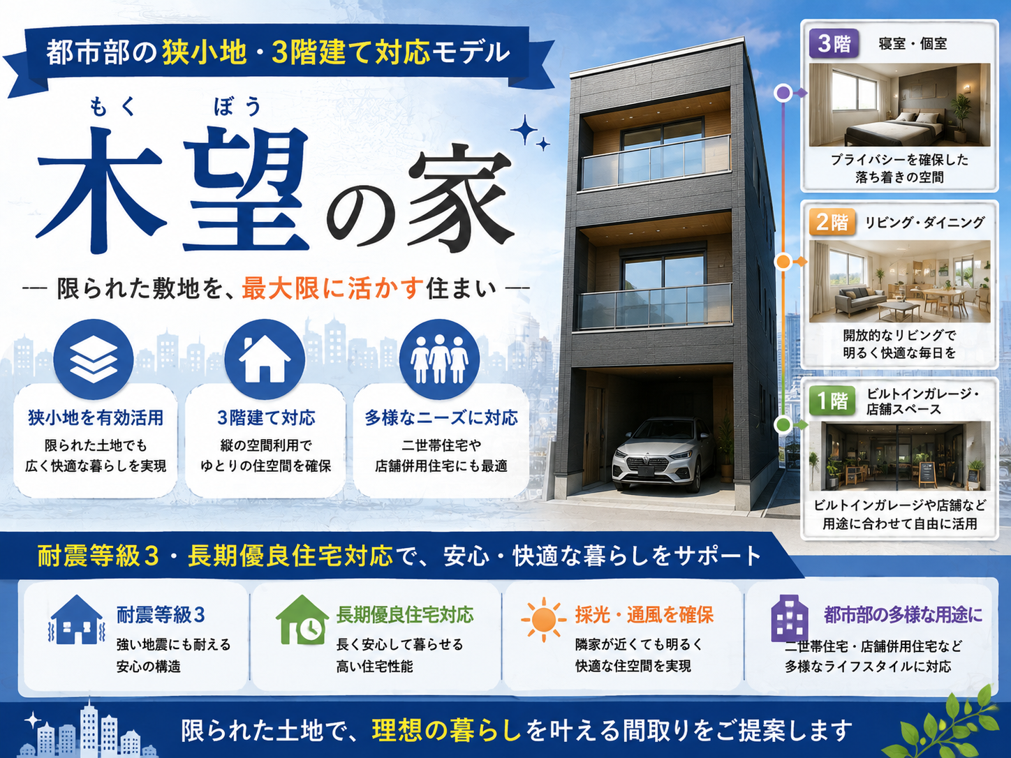 "Kibou no Ie" (House of Hopes)—Floor plan for a three-story model designed for small urban lots