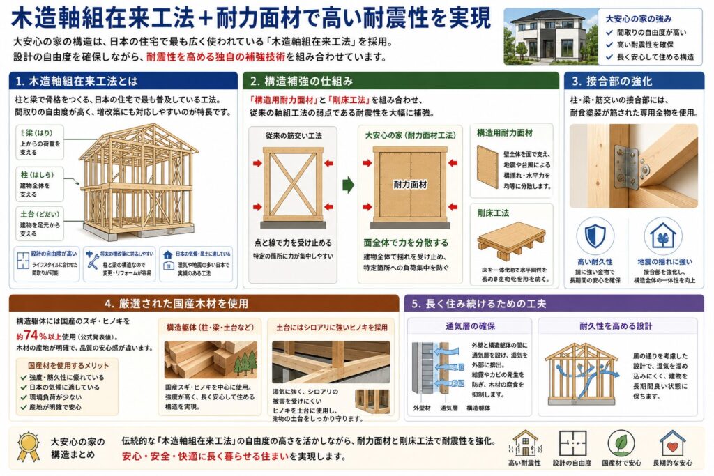 Traditional wooden frame construction combined with load-bearing panels achieves high seismic resistance.