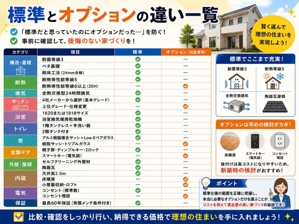 List of Differences Between Standard and Optional Features